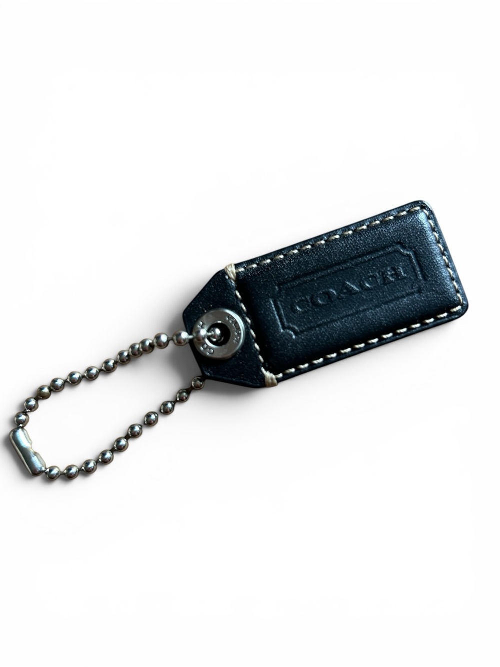 Coach Black Leather Embossed Tag Keychain with Silver Chain